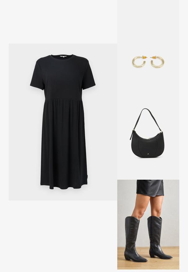 Vestido negro de manga corta con cuello redondo, que presenta un cuerpo ajustado y una falda fluida por debajo de la rodilla. Fabricado con tejido suave.; Botas negras hasta la rodilla, hechas de cuero suave, con punta afilada, tacón bajo cuadrado y cremallera lateral para facilitar el uso.; Bolso de mano de cuero negro con forma curva, superficie texturizada, costuras frontales y un logo en tono dorado. Cuenta con una sola correa ajustable.; Pendientes de aro en tono dorado con una forma suave y redondeada y un acabado pulido. Presentan acentos naranjas en la parte trasera para un ajuste seguro.