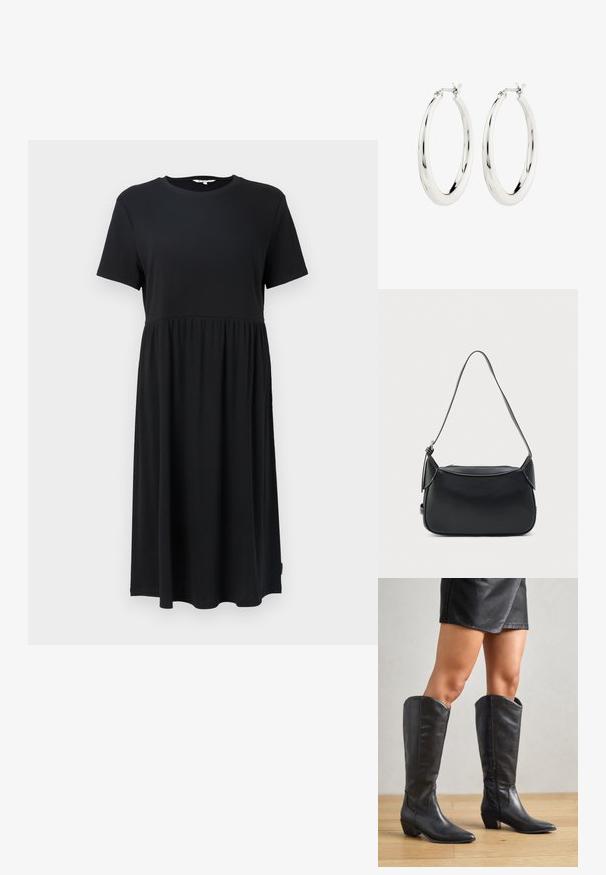 Schwarzes Kurzarmkleid mit Rundhalsausschnitt, mit einem taillierten Oberteil und einem fließenden Rock, der unter dem Knie endet. Hergestellt aus weichem Stoff.; Schwarze knielange Stiefel aus glattem Leder, mit spitzem Zehenbereich, niedrigem Blockabsatz und seitlichem Reißverschluss für ein einfaches Anziehen.; Schwarze Lederschultertasche mit glatter Textur, abgerundeter Form und einem dünnen Riemen. Verfügt über einen Reißverschluss und minimalistische Hardware-Akzente.; Silberne Creolen mit einer glatten, glänzenden Oberfläche. Kreisform, ausgestattet mit einem sicheren Verschluss. Einfaches und elegantes Design.