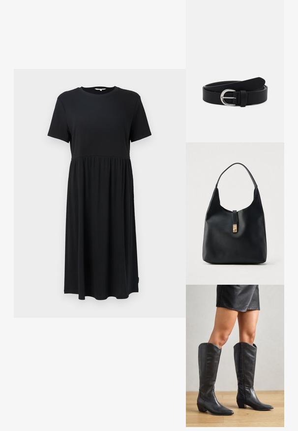 Vestido negro de manga corta con cuello redondo, que presenta un cuerpo ajustado y una falda fluida por debajo de la rodilla. Fabricado con tejido suave.; Botas negras hasta la rodilla, hechas de cuero suave, con punta afilada, tacón bajo cuadrado y cremallera lateral para facilitar el uso.; Bolso hobo de cuero negro con acabado texturizado, con un cierre color oro y una única asa curva para llevar al hombro.; Cinturón de cuero negro con una hebilla redonda plateada, diseño plano, extremo cónico, textura suave y estilo minimalista.