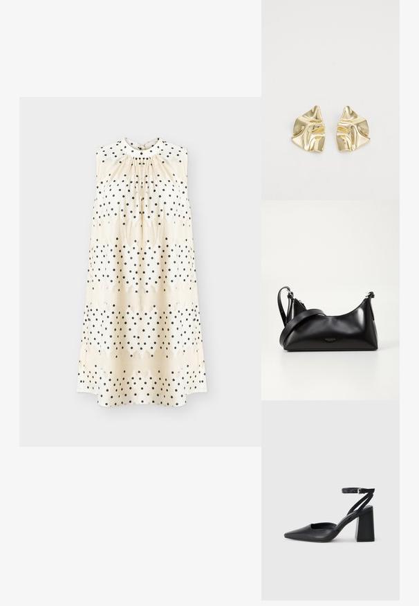 Robe crème sans manches à pois noirs, encolure froncée et silhouette droite et ample.; Escarpin noir en cuir à bout pointu avec une bride de cheville et un talon épais. Texture lisse, design élégant et esthétique minimaliste.; Sac à main en cuir noir avec une texture lisse. Dispose d'une bandoulière adjustable et d'un design élégant et minimaliste avec une fermeture éclair.; Boucles d'oreilles en métal doré avec un design ondulé ; surface lisse et réfléchissante ; forme asymétrique ; sans motifs ni éléments visibles.