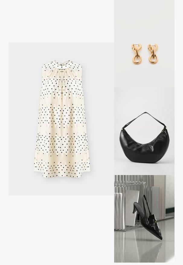 Robe crème sans manches à pois noirs, encolure froncée et silhouette droite et ample.; Chaussure à talon slingback en cuir noir à bout pointu avec franges et bouton doré, sur un sol réfléchissant près de porte-dossiers métalliques.; Sac à épaule en cuir noir, de forme courbée, avec une texture douce et une seule sangle; il comporte une fermeture éclair dorée et un logo discret.; Paire de boucles d'oreilles créoles en bouclettes dorées brillantes sur fond blanc uni, présentant un design torsadé entrelacé.