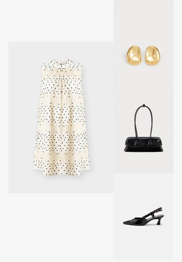 Robe crème sans manches à pois noirs, encolure froncée et silhouette droite et ample.; Chaussure slingback en cuir verni noir à petit talon, bout pointu et bride réglable avec boucle dorée sur fond blanc.; Sac à main en cuir noir avec deux poignées allongées, une texture lisse et une base arrondie, ornée d'accents décoratifs sur les côtés.; Boucles d'oreilles en forme de clou de couleur or, avec une forme lisse et arrondie et une surface réfléchissante, mettant en avant un design minimaliste sans motifs visibles.