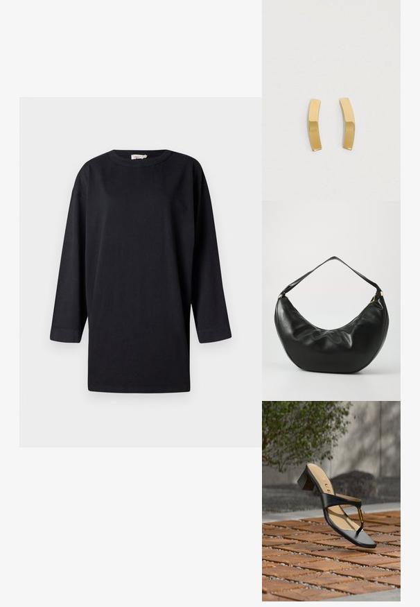 Sort langærmet T-shirt lavet af bomuld, med rund hals og sideskår, med en afslappet pasform og minimalistisk design.; Sort hælsandal med tå-loop og gyldent accent, placeret på en træ- og stenbelagt overflade udendørs nær grønne områder.; Sort læder skuldertaske med en buet form, blød tekstur og en enkelt rem; har en guldbeslået lynlås og diskret branding.; Guldtonede metaløreringe med et bøjet, langstrakt design. Overfladen er glat og poleret med en minimalistisk stil.