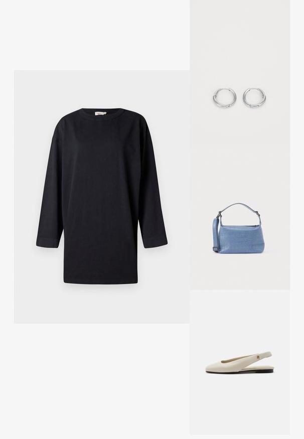 Sort langærmet T-shirt lavet af bomuld, med rund hals og sideskår, med en afslappet pasform og minimalistisk design.; Flatsko i cremefarvet læder med rundet tå og lille guldemblem på remmen.; Lyseblå taske med krokodillepræg, kort håndtag og aftagelig skulderrem. Glat tekstur med lynlås.; Sølvøreringe med en glat, poleret overflade. Cirkulær form med en lille spænde detalje til lukning. Minimalistisk design, letvægtig.