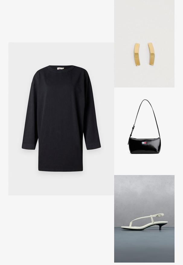 Sort langærmet T-shirt lavet af bomuld, med rund hals og sideskår, med en afslappet pasform og minimalistisk design.; Hvid sandal med stropper og kitten-hæl med spids tå, svævende over et trægulv udendørs med en sløret plante og væg i baggrunden.; Sort patenteret læder skuldertaske med en buet rem, lynlåslukning og et rektangulært logo patch i rød, hvid og blå.; Guldtonede metaløreringe med et bøjet, langstrakt design. Overfladen er glat og poleret med en minimalistisk stil.