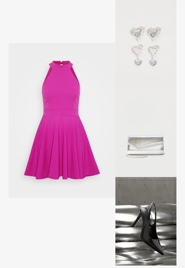 Robe rose ajustée avec un col montant, sans manches et jupe évasée. Fabriquée en matériau lisse sans motifs ni éléments métalliques visibles.; Chaussure à talon haut à bride arrière noire brillante, équilibrée sur une surface métallique argentée brillante et rembourrée, à texture lisse.; Pochette argentée brillante avec rabat style enveloppe et garniture décorative, petite bandoulière chaîne argentée, sur fond clair uni.; Des boucles d'oreilles en argent en forme de cœur présentent des pierres claires facettées, avec un cadre texturé. L'ensemble comprend des styles à clou et des styles pendants.