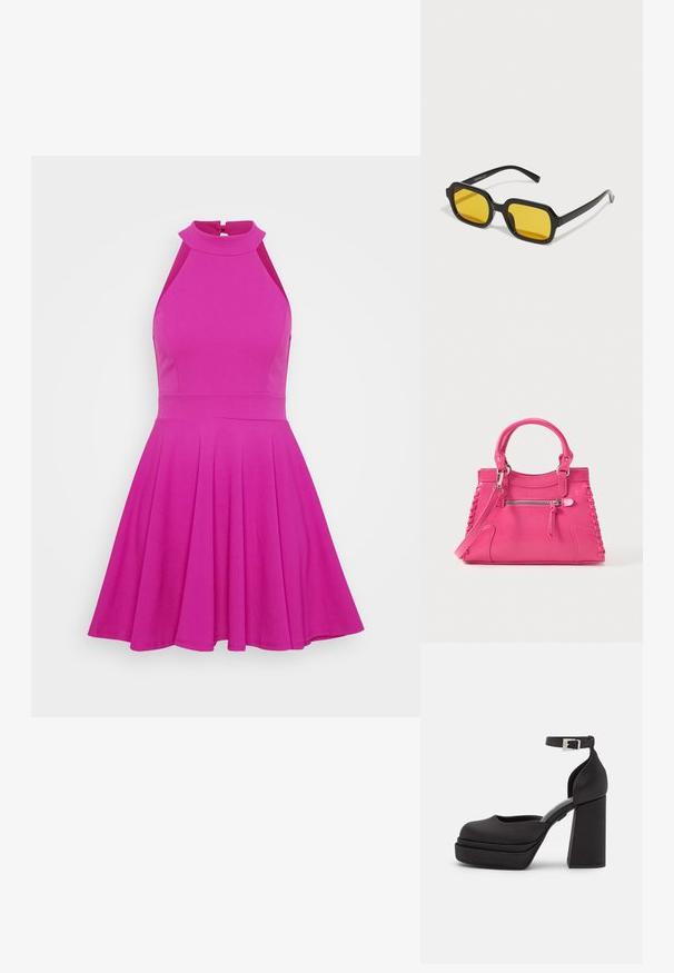 Προσαρμοσμένο ροζ φόρεμα με ψηλό λαιμόκοψη, χωρίς μανίκια και φουρινιώτη φούστα. Φτιαγμένο από λείο υλικό χωρίς ορατά σχέδια ή αξεσουάρ.; Μαύρες πλατφόρμες με στρογγυλή μύτη, ματ ύφασμα, ψηλό φαρδύ τακούνι, ρυθμιζόμενη αγκράφα αστραγάλου και διακριτική ραφή.; Μαύρα ορθογώνια γυαλιά ηλίου με κίτρινους φακούς. Περιλαμβάνουν χοντρές βάσεις και γωνιακό σχέδιο με ομαλή, γυαλιστερή φινίρισμα.; Ροζ δερμάτινη τσάντα χειρός με διπλές λαβές, διακοσμητικό πλέξιμο στο πλάι και μπροστινή τσέπη με φερμουάρ. Λεία υφή, δομημένο σχήμα.