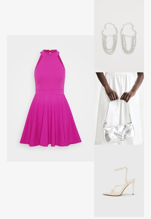 Figurbetontes pinkes Kleid mit hohem Kragen, ärmellosem Design und ausgestelltem Rock. Hergestellt aus glattem Material ohne sichtbare Muster oder Beschläge.; Beige Sandaletten mit hohem Absatz und spitzer Schuhspitze, ausgestattet mit drei vorderen Riemen und einem dünnen Knöchelriemen mit Schnalle. Glatte Textur, minimalistisches Design.; Silberne metallische Handtasche mit Schnürdetail, die ein elegantes Design und einen kurzen Tragegurt aufweist. Die Tasche wird in den Händen gehalten und zeigt ihre Textur.; Silberne Creolen in Herzform, verziert mit herabhängenden Strängen aus klaren Strasssteinen für zusätzlichen Glanz und Textur.
