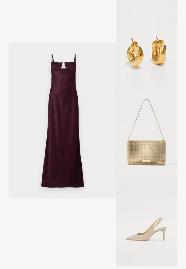 Bordeaux satin maxikjole med tynde stropper, tætsiddende bodice og unikke bladformede detaljer ved halsen. Glat tekstur og strømlinet silhuet.; Spidse slingback-sko i metallisk guld-stof med subtil tekstur, der har en slank hæl og en rund lukning ved anklen.; Guldfarvet clutchtaske med rektangulært design, dækket af skinnende, sølvfarvede rhinsten. Har en tynd metallisk skulderrem og lynlåslukning.; Chunky guld hoop øreringe med et let snoet, rørformet design og postsystem bagpå, på en hvid baggrund.