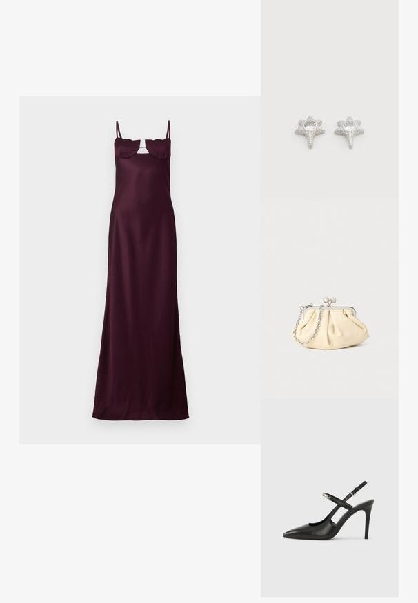 Bordeauxfarbene Satinkleid Maxi mit dünnen Trägern, taillierten Oberteil und einzigartigen blattförmigen Akzenten am Ausschnitt. Glatte Textur und schlanke Silhouette.; Schwarze Slingback-Pumps aus Leder mit spitz zulaufender Spitze, Cut-Out-Design und verstellbarem Riemen mit metallischem Beschlag.; Faltige beigefarbene Ledertasche mit einem silbernen Metallrahmen, ausgestattet mit zwei runden dekorativen Verschlüssen und einem silbernen Kettenriemen.; Silberne Ohrringe in Sternform mit strukturierter Oberfläche, ausgestattet mit einem runden, klaren Edelstein in der Mitte. Glänzende Oberfläche verstärkt die optische Attraktivität.