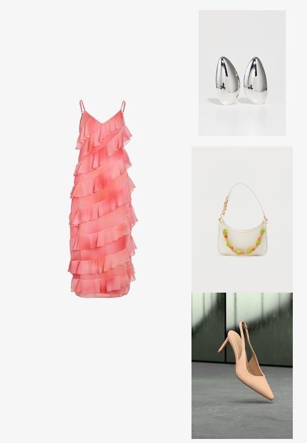 Robe sans manches rose corail avec volants superposés en diagonale et fines bretelles sur fond blanc.; Chaussure à talon haut beige à bout pointu et bride arrière, suspendue au-dessus d'une surface grise texturée avec un fond vert flou.; Sac à main blanc embossé croco avec un design incurvé, orné d'accents perlés colorés en vert, orange et beige, doté d'une bandoulière chaîne dorée.; Deux pièces décoratives en métal argenté, en forme de goutte d'eau avec une surface lisse et réfléchissante et une base mate contrastante.