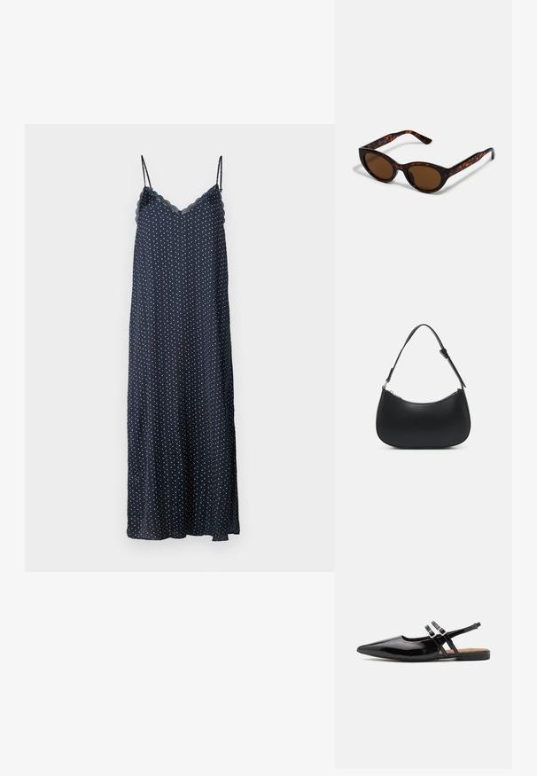 Tumesinine öökleit valgete ja punaste täppidega, laineline kaelus ja pikk, voogav disain pehmest kangast.; Mustad lakknahast slingback kingad on terava ninaga, kahe rihmaga, millel on klambriga aktsendid, ning lame tald.; Pruunid kilpkonnamustriga päikeseprillid, mille vintage-kassikujuline kuju ja pruunid läätsed. Omavad kaardus varsi punaste aktsentidega.; Pieces PCALUANA SHOULDER BAG - Käekott - black