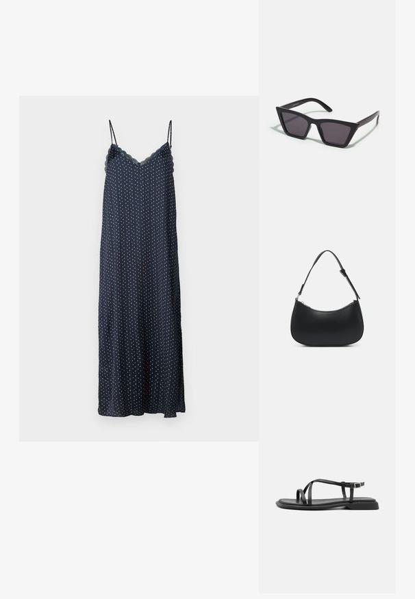 Navy-blaues ärmelloses Nachthemd mit weißen und roten Punkten, gewelltem Ausschnitt und einem langen, fließenden Design aus weichem Stoff.; Schwarze flache Sandalen mit dünnen verstellbaren Riemen, rechteckigem Zehenriemen und einer strukturierten, matten Oberfläche. Mit einem niedrigen, leicht quadratischen Absatz.; Schwarze, eckige Sonnenbrille mit grauen Gläsern; aus Kunststoff gefertigt, mit dicken Bügeln, die eine glatte Oberfläche und keine sichtbaren Beschläge haben.; Pieces PCALUANA SHOULDER BAG - Handtasche - black