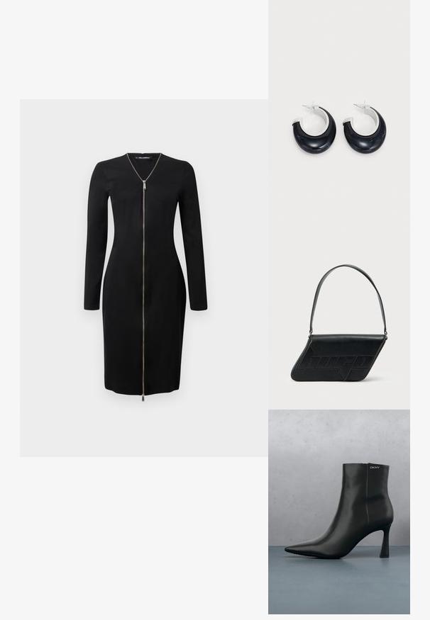 Vestido negro de manga larga con un diseño ajustado, que presenta una cremallera frontal y detalles en plata. Textura suave, largo hasta la rodilla.; Botín de cuero negro con punta afilada y un tacón geométrico. Presenta un sutil branding y una textura suave. El fondo tiene baldosas con textura.; Bolso de hombro de cuero negro con forma triangular, logo en relieve y una sola correa ajustable. Diseño minimalista con textura suave.; Pendientes de aro de resina negra con acabado brillante y acentos de hardware en tono plateado. Forma circular con un corte y cierre a presión.
