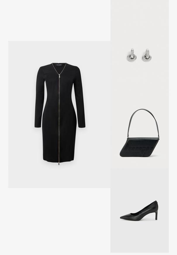 Schwarzes Langarmkleid mit einer figurbetonten Passform, ausgestattet mit einem Reißverschluss auf der Vorderseite und silbernen Elementen. Glatte Textur, knielange Passform.; Schwarzer, spitz zulaufender High-Heel-Pumps aus Leder mit einem schlanken, mittelhohen Absatz auf einem schlichten hellgrauen Hintergrund.; Schwarze Leder-Umhängetasche mit dreieckiger Form, geprägt mit Logo und einem einzigen verstellbaren Riemen. Minimalistisches Design mit glatter Textur.; Paar kleine, glänzende silberne Creolen mit rundem Sockel, auf einfachem hellem Hintergrund präsentiert.