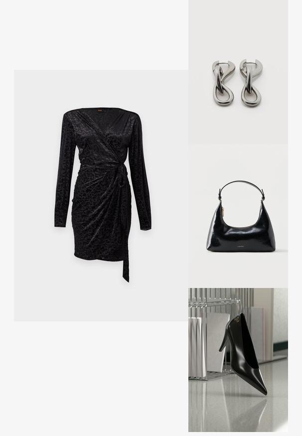 Robe noire portefeuille avec des manches longues, en tissu doux avec une texture subtile et un motif discret, et un détail de taille nouée pour une silhouette ajustée.; Chaussure noire à talon haut avec bout pointu et logo doré, posée sur une surface réfléchissante près d'un organiseur de dossiers en fil chromé contenant des documents.; Sac à main Calvin Klein noir brillant avec fermeture éclair dorée et anse courte sur fond blanc uni.; Paire de boucles d'oreilles en métal argenté avec un motif abstrait d'anneaux entrelacés sur fond blanc.