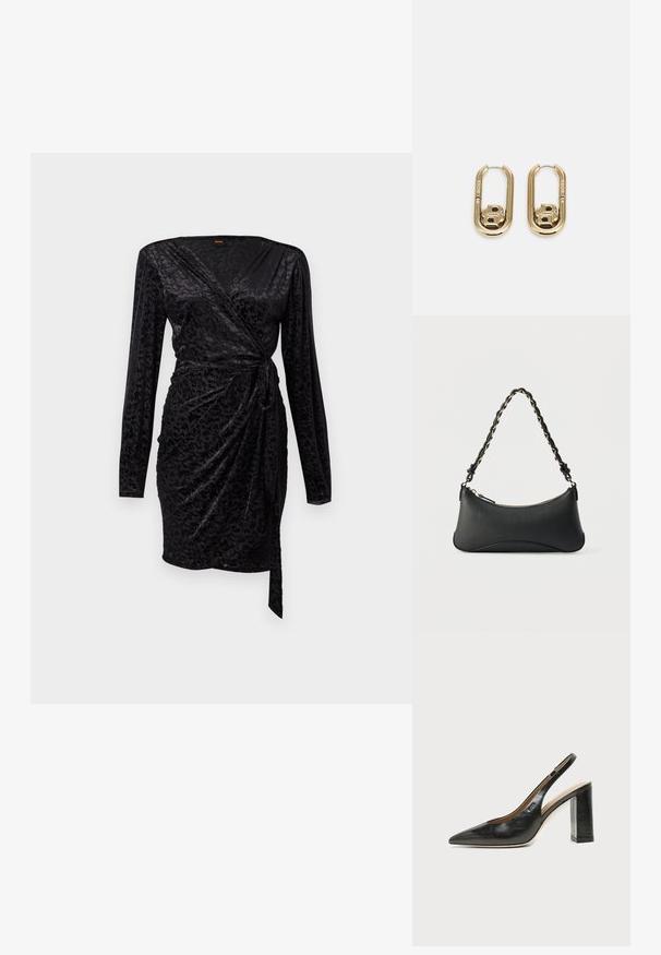 Schwarzes Wickelkleid mit langen Ärmeln, weichem, strukturiertem Stoff mit einem dezenten Muster und einem gebundenen Taillendetail für eine figurbetonte Silhouette.; Schwarzer Leder-Slingback-Schuh mit spitzer Kappe, hohem Blockabsatz und beigegefüttertem Innenraum vor hellem, einfarbigem Hintergrund.; Schwarze Lederschultertasche mit gewölbter rechteckiger Form, goldener Kette, die in den geflochtenen schwarzen Riemen eingewebt ist, und Reißverschlussverschluss oben.; BOSS DOUBLE B SWING - Ohrringe - gold-coloured