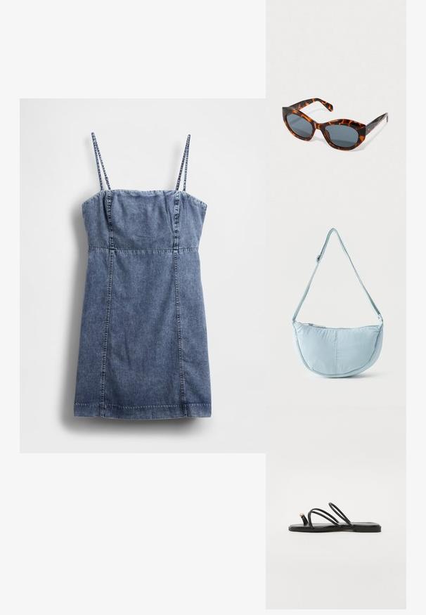 Robe en jean à fines bretelles, corsage ajusté et jupe évasée. Présente une teinte bleu foncé avec des coutures décoratives le long des coutures.; Call it Spring LUNAROSE - Sandales tongs - black; Lunettes de soleil en écaille de tortue de style œil de chat avec des verres foncés, reposant sur une surface claire et unie.; Sac d'épaule bleu clair en forme de croissant avec sangle réglable et fermeture éclair supérieure sur fond uni.
