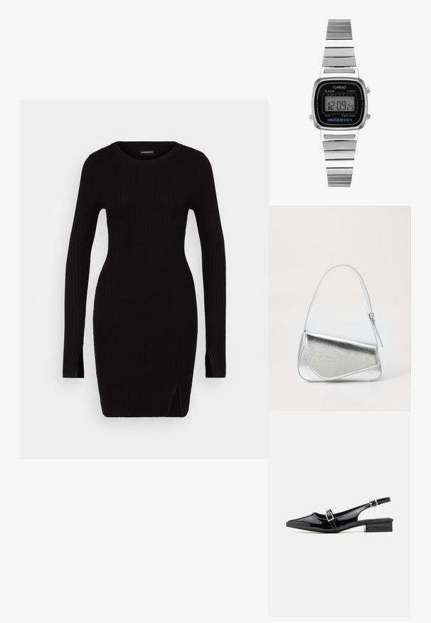 Sort ribbet strikkjole med lange ærmer, rund halsudskæring, sideslidser og tætsiddende silhuet, der fremhæver en glat tekstur og minimalistisk design.; RAID RAMIA - Slingback-ballerinasko - black; Sølvmetallic håndtaske med en trekantet form, glat overflade og en tynd, justerbar skulderrem. Har et fold-over design med syninger.; Sølv digitalur med et firkantet sort uransigt, knapper på siden og en børstet metalrem. Funktioner inkluderer alarm og timer.