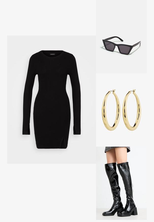 Vestido de punto negro con canalé, mangas largas, escote redondo, aberturas laterales y silueta ajustada, que muestra una textura suave y un diseño minimalista.; Botas negras, brillantes, hasta la rodilla, con punta cuadrada y tacón grueso. Cuentan con un cierre lateral y un diseño ajustado y texturizado.; Gafas de sol negras y angulares con lentes grises; fabricadas en plástico, con varillas gruesas de superficie suave y sin herrajes visibles.; Pendientes de aro de oro con un acabado suave y pulido. Forma circular, con un cierre seguro en la parte superior. La superficie refleja la luz.