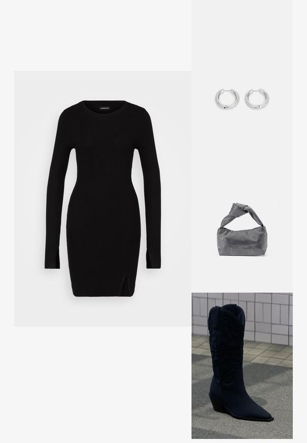Sort ribbet strikkjole med lange ærmer, rund halsudskæring, sideslidser og tætsiddende silhuet, der fremhæver en glat tekstur og minimalistisk design.; Sort cowboystøvle med dekorative syninger og skråt hæl på gråt fortov nær væg med fliser i baggrunden.; Sorte og sølv håndtaske med en tekstureret overflade, der har et diamantmønster, en knyttet håndtag og en struktureret form.; Sølvøreringe med en glat metallisk overflade og en række klare krystaller indsat langs den ydre kant.