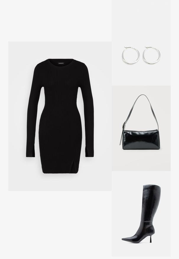 Vestido de punto negro con canalé, mangas largas, escote redondo, aberturas laterales y silueta ajustada, que muestra una textura suave y un diseño minimalista.; Botas de tacón alto negras hasta la rodilla con un acabado de cuero brillante, punta afilada y tacón delgado y cónico, que presentan una superficie lisa y un diseño elegante.; Bolso de hombro rectangular negro con una correa ajustable y un cierre de cremallera superior sobre un fondo liso.; Los pendientes de aro de plata presentan un diseño suave y redondeado con un perfil delgado y un cierre seguro. Estilo minimalista con un acabado pulido.
