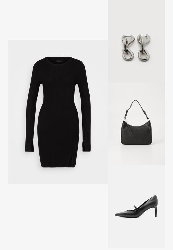 Vestido de punto negro con canalé, mangas largas, escote redondo, aberturas laterales y silueta ajustada, que muestra una textura suave y un diseño minimalista.; Zapato de tacón alto de cuero negro con punta puntiaguda, con tira fina y hebilla sobre el empeine, sobre fondo claro y neutro.; Bolso de mano de cuero negro con forma curvada, una sola correa, cierre de cremallera y marcas sutiles en la parte frontal. Textura suave, diseño minimalista.; Par de pendientes de metal con acabado plateado y diseño abstracto de bucles entrelazados sobre un fondo blanco.