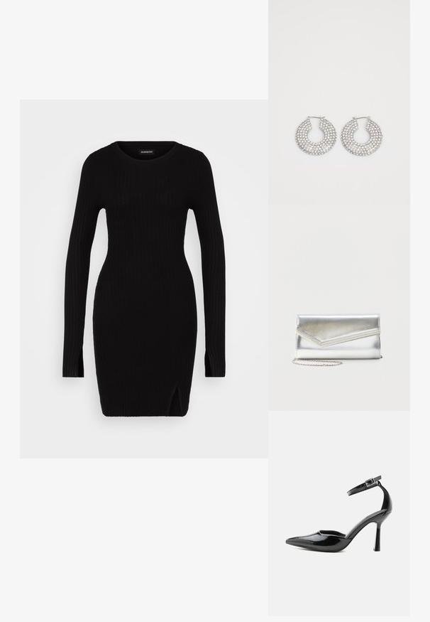 Sort ribbet strikkjole med lange ærmer, rund halsudskæring, sideslidser og tætsiddende silhuet, der fremhæver en glat tekstur og minimalistisk design.; Sort laklæder spids tå høj hæl med ankelrem og sølvspænde, stiletthæl, sidevisning på ensfarvet baggrund.; Skinnende sølv clutch taske med kuvertlåg og dekorativ kant, lille sølvkæde, på ensartet lys baggrund.; Sølvøreringe med flere klare krystaludsmykninger, med en struktureret overflade og et åbent rundt design.