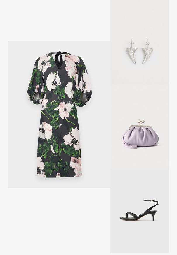 Vestido floral con fondo negro; presenta grandes patrones de flores en rosa y verde, escote en V, mangas abullonadas y un lazo en la parte posterior.; Sandalia negra de cuero para mujer con tiras finas, un lazo para el dedo del pie, hebilla en el tobillo y tacón de aguja de altura media sobre un fondo neutro.; Bolso de mano suave de lavanda con tela recogida, cierre de beso plateado y correa de muñeca a juego sobre un fondo liso y claro.; Pendientes en forma de cuerno plateado, engastados con pequeñas piedras transparentes, que cuentan con un cierre trasero para su sujeción. Textura suave y acabado metálico.