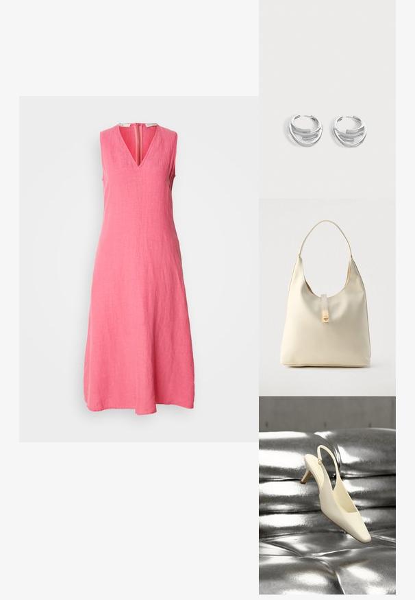 Vestido sin mangas, hasta la rodilla, en lino de color rosa brillante. Presenta un escote en V y una cremallera en la parte trasera, con un acabado de tela suave y texturizado.; Zapato de tacón bajo tipo kitten slingback color crema con punta cuadrada, descansando sobre una superficie de cuero plateado acolchada y brillante.; Bolso hobo de cuero color crema con una sola correa para el hombro, textura suave y detalle de cierre metálico dorado en el frente.; Par de pendientes de aro plateados pulidos con diseño de barra curva en capas sobre un fondo claro y liso.