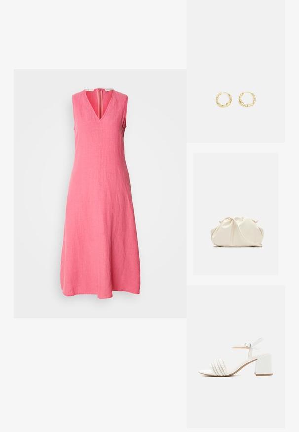Ärmelloses, knielanges Kleid aus kräftigem rosa Leinen. Mit V-Ausschnitt und einem Reißverschluss in der Mitte hinten, das ein glattes, strukturiertes Stofffinish aufweist.; Weiße Sandale mit offenem Zehenbereich und Blockabsatz, geflochtener Vorderriemen mit kleinen Perlen verziert und Fußriemen mit silberner Schnalle.; Weiche, cremefarbene Leder-Clutch mit gerafftem Design und einem dünnen Schulterriemen, der vorne auf einem schlichten Hintergrund liegt.; Goldene Creolen mit einer strukturierten, unregelmäßigen Oberfläche. Sie verfügen über ein leichtes Design und eine runde Form, die sich für den täglichen Gebrauch eignet.