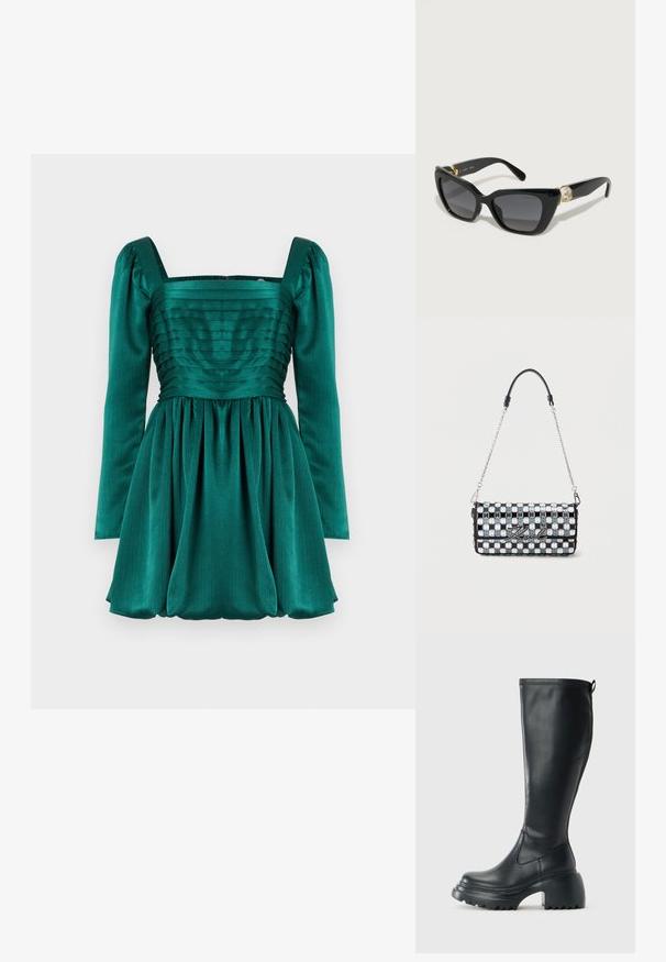Smaragdfarbenes Kleid mit quadratischem Ausschnitt, langen Puffärmeln und plissiertem Oberteil. Der Rock ist gerafft und kreiert eine voluminöse Silhouette.; Korkeat mustat nahkakengät, joissa on paksu pohja ja lohkare korko, varustettuna vetonauhalla ja tekstuurilla ulkopohjassa.; Musta kissakuvio aurinkolasit, joissa on liukuväriharmaat linssit, kiiltävät muovikehykset ja kultasävyiset yksityiskohdat, joissa on läpinäkyvä aksentti ohimolla.; Mustavalkoinen ruudullinen käsilaukku hopeisilla niiteillä, metalliketjusanka ja "Karl"-allekirjoitus etukannen päällä.