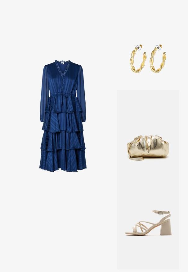 Vestido de manga larga en azul oscuro con escote en V, cierre de botones y volantes en capas. Confeccionado en una tela texturizada con rayas verticales.; Sandalias de tacón en color beige con correas entrelazadas, hebilla en el tobillo y tacón de bloque cuadrado para mayor estabilidad. Textura suave similar al cuero.; Bolso de mano metálico dorado con una textura arrugada, forma redondeada suave y una correa de cadena desmontable. Presenta un diseño fruncido en la parte superior.; Pendientes de aro retorcidos en oro con una superficie lisa, que cuentan con un respaldo transparente y herrajes en tono dorado.