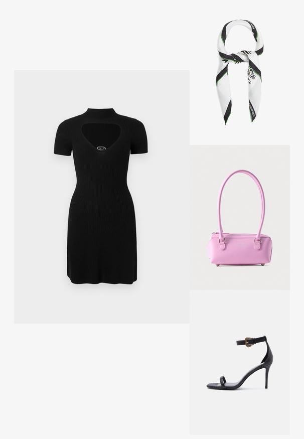 Robe noire côtelée avec un col montant, des manches courtes et une découpe en forme de cœur sur la poitrine avec un accent argenté.; Sandale noire à talons hauts avec une fine bride à la cheville ornée d'une boucle dorée décorative et une seule bride à l'orteil, finition en cuir texturé.; Écharpe rectangulaire blanche avec bordures noires et vertes, motifs abstraits de lignes noires, et texte "KARL LAGERFELD" sur les bords.; Petit sac à main rectangulaire rose avec longues anses, fermeture éclair et logo en relief discret à l'avant sur fond uni.