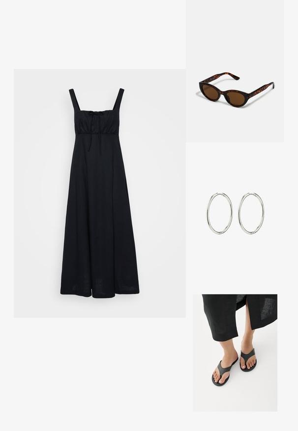 Vestido maxi negro sin mangas con un torso ajustado, escote cuadrado y detalle de lazo en la parte frontal. Hecho de una tela ligera, llega hasta los tobillos.; Primer plano de pies con sandalias negras de cuero tipo chancla y el dobladillo de una falda negra visible por encima de los tobillos sobre un suelo blanco.; Gafas de sol de carey marrón con una forma vintage de ojo de gato y lentes marrones. Presentan brazos curvados con acentos rojos.; Pendientes de aro de plata con un acabado suave y pulido. Forma redonda, diseño ligero, con un mecanismo de cierre seguro.
