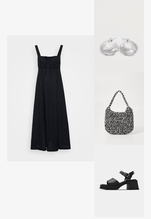 Vestido maxi negro sin mangas con un torso ajustado, escote cuadrado y detalle de lazo en la parte frontal. Hecho de una tela ligera, llega hasta los tobillos.; Sandalias de plataforma de cuero negro con diseño de puntera abierta, correa en el tobillo y un tacón cuadrado grueso. Textura suave y estilo minimalista.; Bolso de mano tejido en blanco y negro con forma redondeada, superficie texturizada y asa trenzada. Adecuado para uso casual.; Un par de pendientes de aro en forma de media luna pulidos en plata, con respaldos de plástico transparente, sobre una superficie blanca.