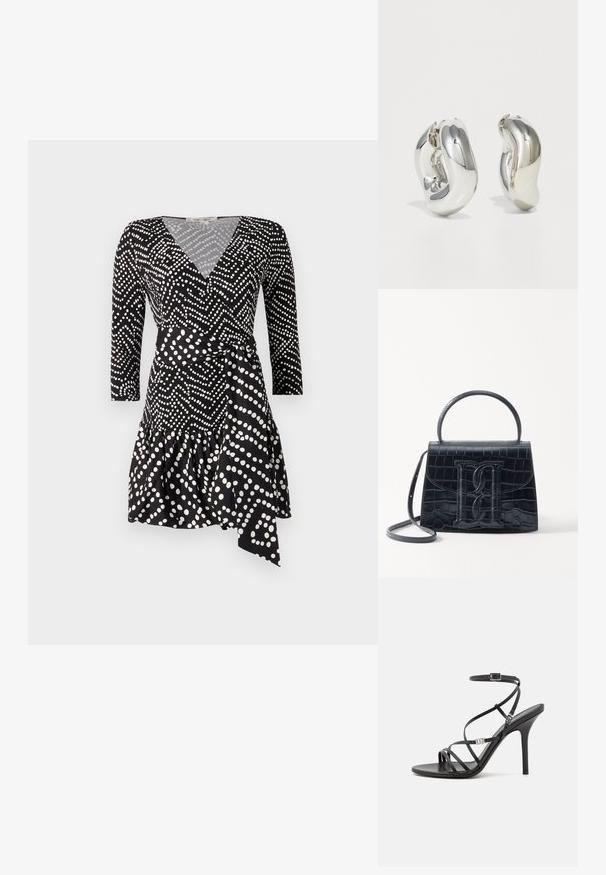 Vestido negro de volantes con lunares blancos, con escote en V, mangas tres cuartos y un dobladillo con volantes, detalle de cintura anudada.; Sándalo negro de tacón alto con tiras finas, hebilla en el tobillo, superficie de cuero suave y tacón de aguja esbelto.; Bolso de mano de cuero negro con estampado de cocodrilo, diseño estructurado, asa superior, correa ajustable y un destacado detalle del logotipo en la parte frontal.; Pendientes escultóricos de plata con formas suaves y curvas y superficies reflectantes. Presentan un diseño de aro cerrado y una forma orgánica distintiva.
