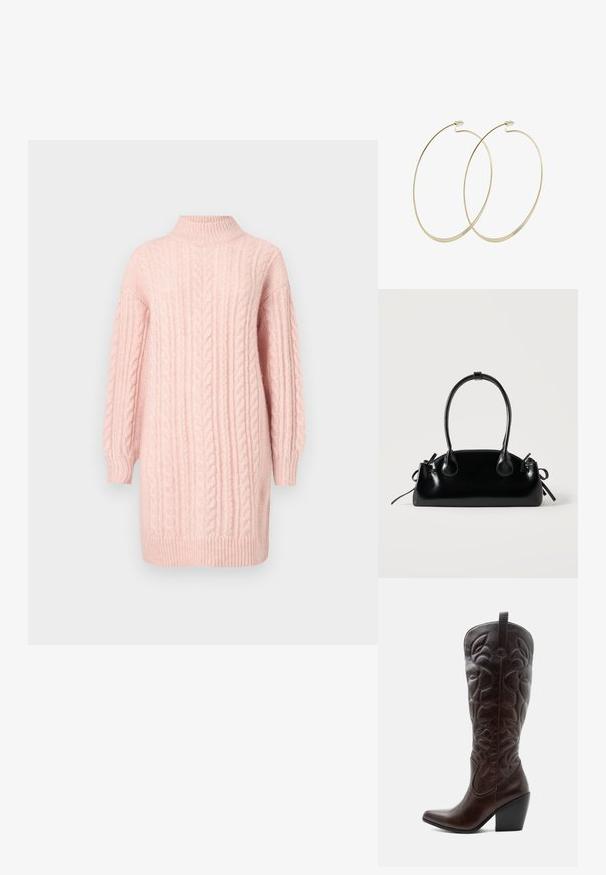 Blød lyserød kabelstrikket sweaterkjole med lange ærmer og ribbet høj hals, kant og manchetter på en hvid baggrund.; Høj mørkebrun læder cowboystøvle med syede dekorative mønstre, spids tå og stablet blokhæle.; Lille sort blank håndtaske med to lange håndtag og snøre-detaljer i siden på en ensfarvet lys baggrund.; Pilgrim Øreringe - gold-coloured