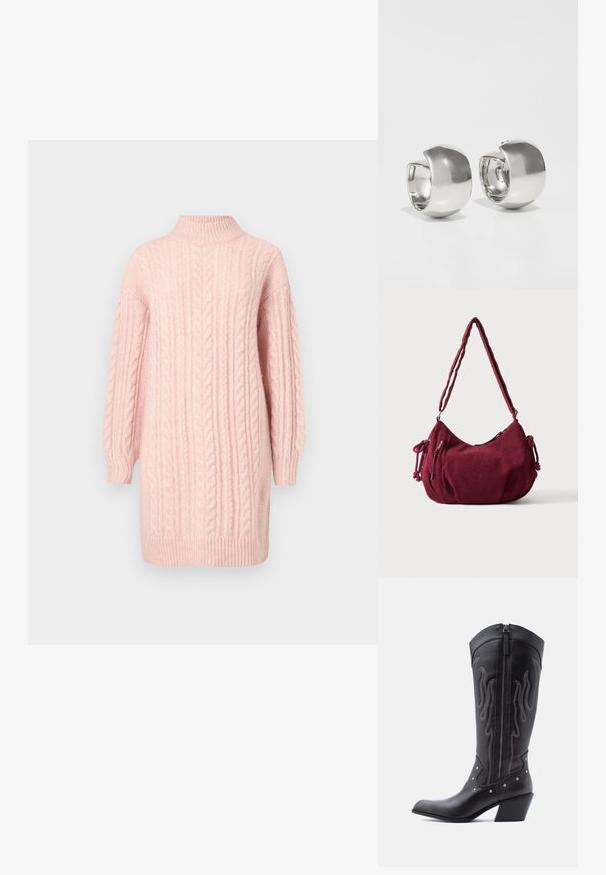 Robe en tricot côtelé rose doux avec de longues manches et un col montant, un ourlet et des poignets côtelés sur fond blanc.; Bottes de cow-boy en cuir noir avec bout pointu, coutures apparentes, ornements à clous argentés et fermeture éclair sur le côté intérieur.; Sac d'épaule en velours côtelé bordeaux doux avec une sangle réglable, fermeture éclair, liens latéraux et une poche avant zippée.; Uncommon Matters SCULPTURAL LARGE CREOLE - Boucles d'oreilles - silver-coloured