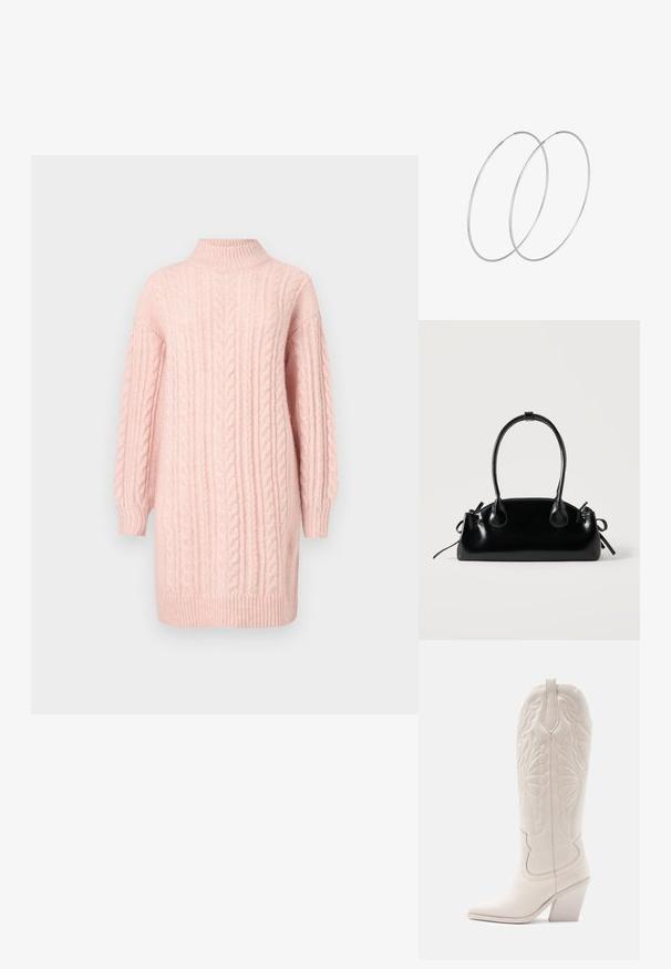Weiches pinkfarbenes Strickkleid mit langen Ärmeln sowie einem gerippten Stehkragen, Saum und Bündchen auf weißem Hintergrund.; Weiße Leder-Cowboystiefel mit spitzer Zehe und blockiertem Absatz. Sie verfügen über aufwendige Steppmuster am Schaft und eine glatte Textur.; Kleine schwarze glänzende Handtasche mit zwei langen Griffen und seitlichen Kordelzug-Details vor einfachem hellem Hintergrund.; Silberne Creolen mit minimalistischem Design. Rundform, glatte Oberfläche und dünnes Profil. Leichtgewichtig mit hochglänzender Oberfläche.