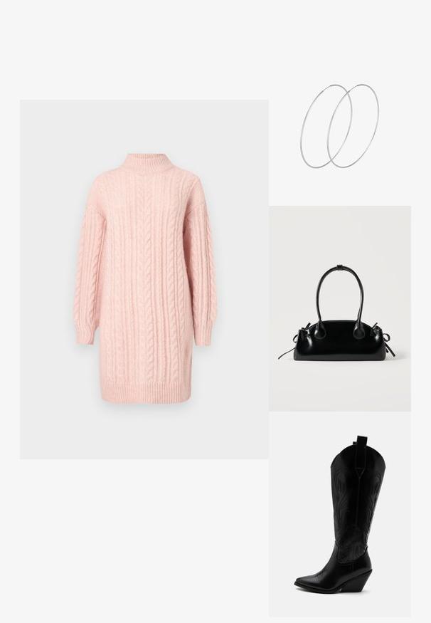 Weiches pinkfarbenes Strickkleid mit langen Ärmeln sowie einem gerippten Stehkragen, Saum und Bündchen auf weißem Hintergrund.; Schwarzer Leder-Cowboystiefel mit spitzer Zehe, schrägem Blockabsatz, dekorativer Naht und Zuglaschen oben vor weißem Hintergrund.; Kleine schwarze glänzende Handtasche mit zwei langen Griffen und seitlichen Kordelzug-Details vor einfachem hellem Hintergrund.; Silberne Creolen mit minimalistischem Design. Rundform, glatte Oberfläche und dünnes Profil. Leichtgewichtig mit hochglänzender Oberfläche.