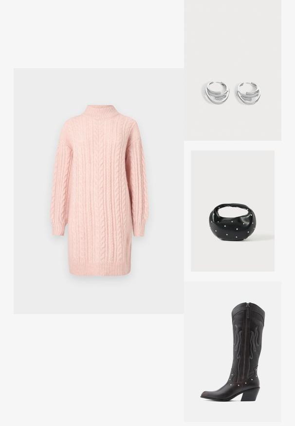 Weiches pinkfarbenes Strickkleid mit langen Ärmeln sowie einem gerippten Stehkragen, Saum und Bündchen auf weißem Hintergrund.; Braune Cowboy-Stiefel aus Leder mit Flammenstickerei, seitlichem Reißverschluss, silbernen Nieten, spitzer Zehenpartie und geschichtetem Absatz.; Schwarze Lederhandtasche mit abgerundeter Form, verziert mit silbernen Nietenakzenten und kurzem Griff. Glatte Struktur und Reißverschlussverschluss.; Paar polierte silberne Creolen mit geschichtetem, gebogenem Stabdesign auf einem einfarbigen hellen Hintergrund.