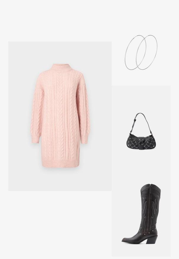 Zacht rozenkwarts kabel gebreide sweaterjurk met lange mouwen en een ribbel hals, zoom en manchetten op een witte achtergrond.; Bruine leren cowboylaarzen met vlamstiksels, zijrits, zilveren studs, spits toelopende neus en gestapelde hak.; Zwarte handtas met een gekruist textuur, voorzien van zilveren hardware, een gebogen vorm en een enkele verstelbare hengsel. Ritssluiting aan de bovenkant.; Zilveren hoepel oorbellen met een minimalistisch ontwerp. Cirkelvormig, gladde textuur en dun profiel. Lichtgewicht met een gepolijste afwerking.