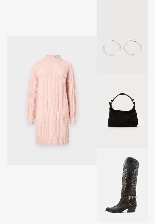 Weiches pinkfarbenes Strickkleid mit langen Ärmeln sowie einem gerippten Stehkragen, Saum und Bündchen auf weißem Hintergrund.; Schwarzer Leder-Cowboystiefel mit dekorativen Ausschnitten, silberner Schnalle und schräger Ferse, auf weißem Hintergrund dargestellt.; Schwarze Kunstfell-Handtasche mit weicher Textur, runder Form und einem stabilen schwarzen Leder-Schulterriemen. Sichtbare silberne Hardware-Akzente.; Paar glänzende silberne Creolen mit dünnen Drahtverschlüssen, dargestellt vor einem hellgrauen Hintergrund.