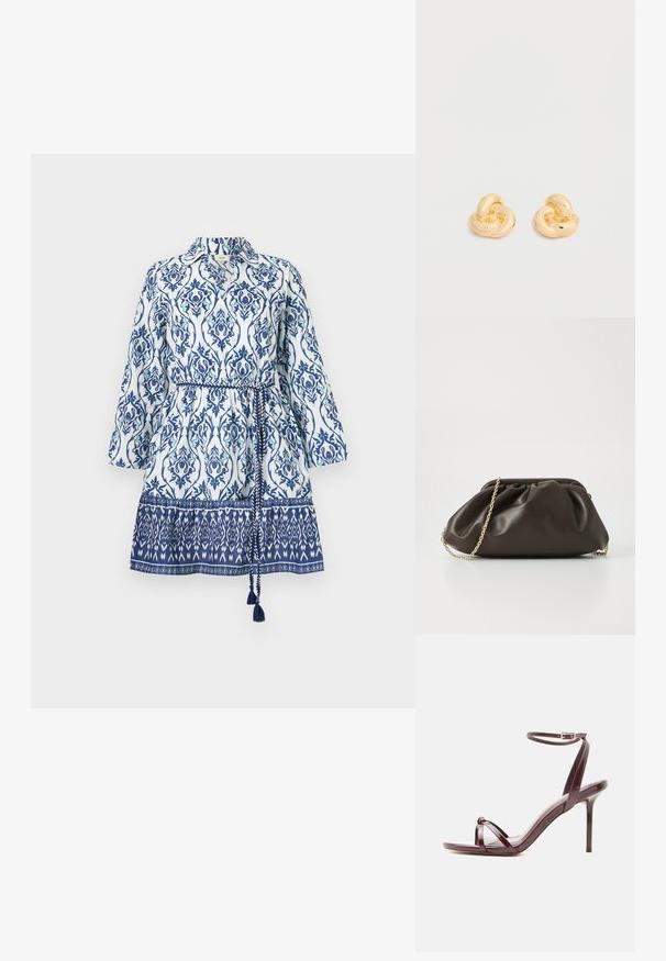 Vestido blanco con estampados florales y geométricos en azul, diseño con cuello, mangas largas, cintura ceñida y parte inferior con estampado y detalles de borlas.; Sandalia de tacón alto de charol burdeos con tira fina en el tobillo y correas cruzadas en los dedos sobre fondo blanco.; Bolso de mano de cuero marrón con un diseño fruncido, correa de cadena dorada y un acabado suave y texturizado. Forma compacta adecuada para uso nocturno.; Par de pendientes de botón en forma de nudo con acabado dorado brillante sobre un fondo blanco liso.