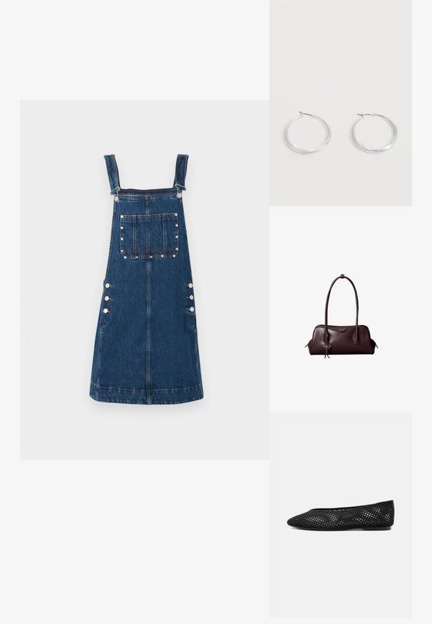 Denim overallkjole i mørkeblå, med justerbare stropper, lommer foran og sideknapper til fastgørelse. Glat tekstur og afslappet design.; Sort mesh flad sko med lukket tå og lav hæl, med åndbar vævet design og diskret side-logo.; Mørkebrun lædertaske fra Calvin Klein med lange dobbelte håndtag og en lille logohængende ved det ene håndtag.; Sølvfarvede metaloorringe med glat, let buet overflade og låsemekanisme på en ensfarvet hvid baggrund.