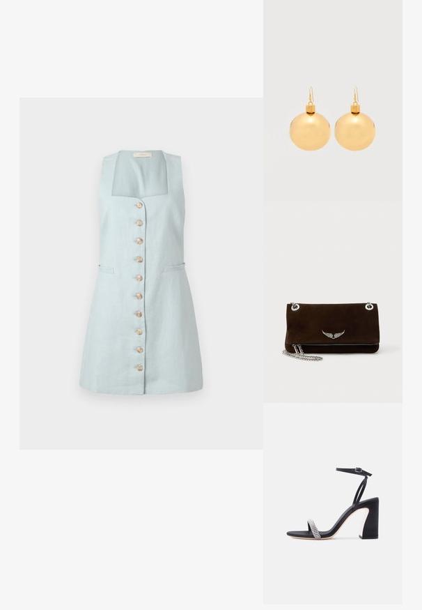 Hellblaues Leinenkleid mit quadratischem Ausschnitt, Frontknöpfen und zwei Seitentaschen. Hat eine figurschmeichelnde Silhouette und ein knielanges Design.; Schwarze High-Heel-Sandale mit Knöchelriemen und funkelndem Strassriemen am Zehenbereich auf weißem Hintergrund.; Braune Wildleder-Clutch mit silberner Kettentasche, ausgestattet mit einem Reißverschlussfach und einem dekorativen silbernen Flügeldetail auf der Vorderseite.; Paar glänzende goldene Weihnachtskugel-Ohrringe mit Hakenverschlüssen auf einfachem weißem Hintergrund.