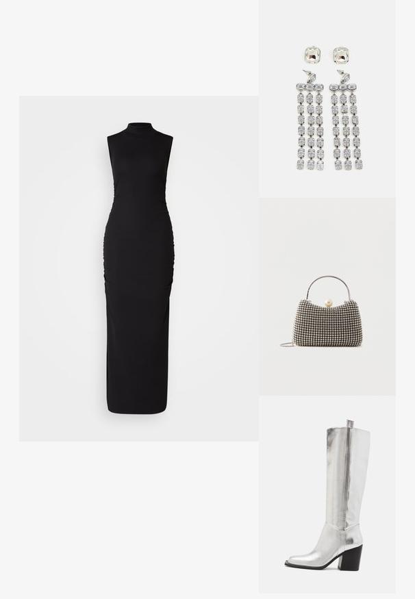 Vestido negro sin mangas con cuello alto, hecho de una tela elástica. Presenta fruncidos laterales para añadir textura, una silueta ceñida y longitud hasta el suelo.; Botas de cuero plateadas hasta la rodilla con puntera cuadrada, acentuadas por un acabado metálico brillante y un robusto tacón cuadrado negro.; Pequeño bolso de mano con patrón de cuadrícula plateada, asa curva, gran cierre de perla y una delgada correa de cadena plateada sobre un fondo liso.; Pendientes colgantes de cristal con herrajes en tono plateado, que presentan un stud cuadrado y filas en cascada de cristales rectangulares y octogonales.