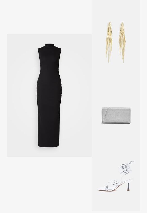 Vestido negro sin mangas con cuello alto, hecho de una tela elástica. Presenta fruncidos laterales para añadir textura, una silueta ceñida y longitud hasta el suelo.; Sandalia de tacón alto plateada con tiras delgadas cruzando los dedos del pie y una envoltura en espiral alrededor del tobillo sobre un fondo blanco.; Bolso de mano metálico plateado con diseño de malla trenzada, forma rectangular y una cadena para llevar. Textura suave y acabado pulido.; Pendientes de oro con múltiples hebras alargadas, presentando un acabado texturizado y un diseño en capas, creando un efecto en cascada.
