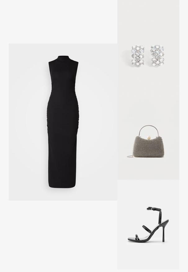Vestido negro sin mangas con cuello alto, hecho de una tela elástica. Presenta fruncidos laterales para añadir textura, una silueta ceñida y longitud hasta el suelo.; Sandalias de tacón alto de charol negro con tres tiras horizontales y una correa en el tobillo ajustable. Silueta elegante y acabado brillante.; Pequeño bolso de mano con patrón de cuadrícula plateada, asa curva, gran cierre de perla y una delgada correa de cadena plateada sobre un fondo liso.; Par de pendientes tono plata con múltiples cristales transparentes facetados dispuestos en un patrón geométrico.